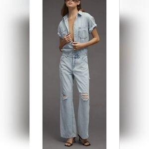 Pilcro Anthropologie Denim Jumpsuit Womens Size 4 Light Wash Wide Leg Distressed